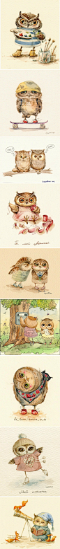 艺术家 ИнгаПальцер 笔下小猫头鹰的幸福生活 （采自：http://t.cn/zWnoBgQ）