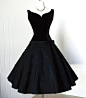 1950's classic black velvet and corded full skirt pin-up cocktail party dress. by Audrey Jr. Theme New York.