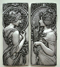 Mucha style art nouveau plaques in silver effect@北坤人素材