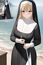 Highly detailed, simple art, art station, extremely detailed CG unified 8k wallpaper, masterpiece, best quality, official art, {extremely delicate and beautiful}, CG, prone nun, gorgeous jewelry, exposed clothes, wet clothes, seaside