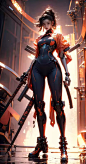 High quality, game CG, wallpaper,1girl, best quality, looking at the audience,(mechanical parts),red tight pants,Mechanical arm,cyberpunk, samurai sword, mechanical body,from below,full body,Fisheyelens,walking, baimecha,halo, solo, science fiction, huma
