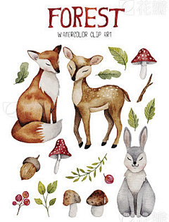 Watercolor clipart with cute forest elements.