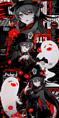 an anime character with red eyes and black hair