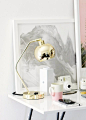 Le Fashion Blog Stylish Whimsical Work Space Urban Outfitters Gold Lamp Globe Metallic Lighting Pink Mug White Desk Office Decor: 