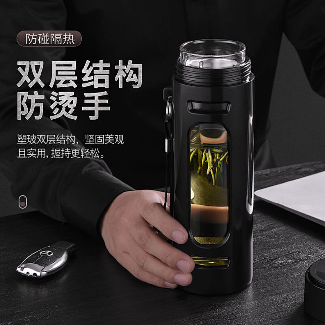 W大容量玻璃杯男便携提绳防摔随手水杯子办...