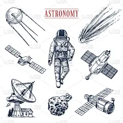 宇航员太空人太阳系中的行星。天文星系宇航员探索探险。刻在旧素描, 老式风格的手画。航天飞机、射电望远