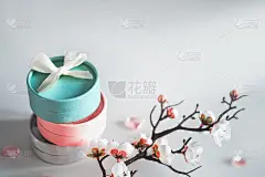 一套礼品盒在柔和的阴影与精致的花。女性贺卡概念。母亲节和国际妇女节的礼物
