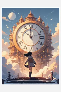 数字艺术插画版画海边女孩线条画扁平风装饰-众图网