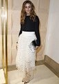 Olivia Palermo wears the black & white trend with a delicate skirt fantasy and basic top Chloé Fall 2013, portfolio also in black and white prints Dior and Manolo Blahnik salons.