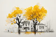 水墨徽派建筑江南水乡插画