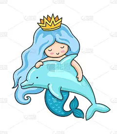 蓝色波浪发的美人鱼和海豚。