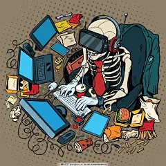 玩游戏欧美卡通海报漫画风格人物矢量素材 工作 打代码 程序员 骷髅