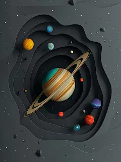 宇宙太空星球太阳系行星土星立体光环剪纸风格空间海报midjourney关键词咒语-Ai宇宙吧-