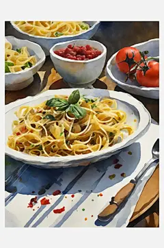 AI数字艺术美食意面水彩插画-众图网