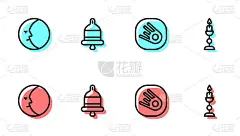 设置线彗星下降快，月亮，敲响警钟和燃烧的蜡烛图标。向量