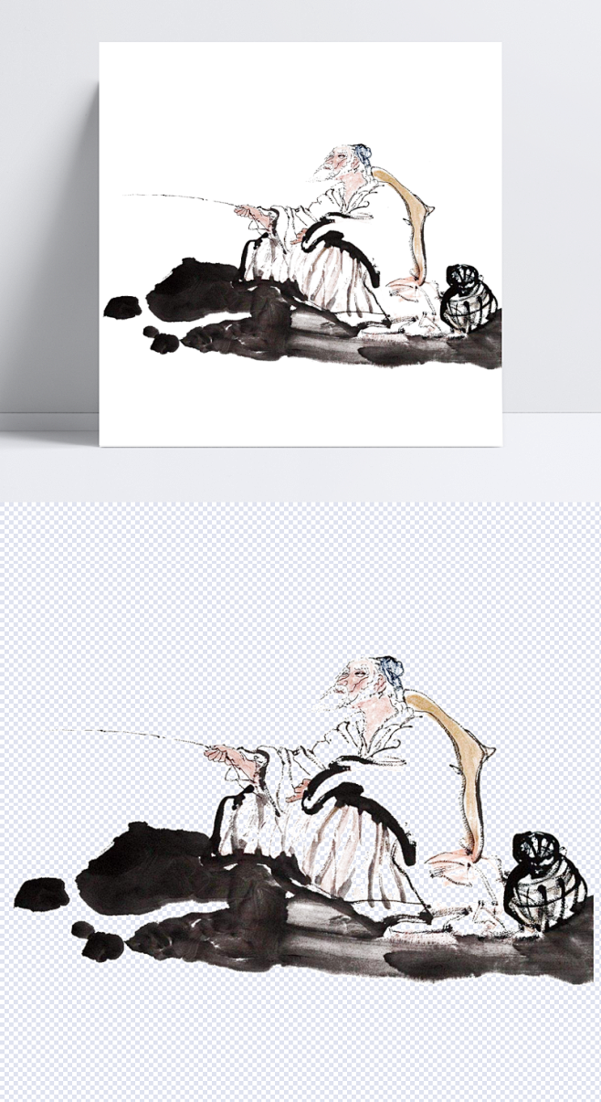 老翁湖边水墨垂钓 水墨垂钓,鱼篓,钓鱼,中国风垂钓,古人垂钓,湖边垂钓,鱼竿,卡通元素,手绘 卡通_2426745639