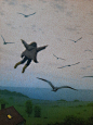 This may contain: there is a painting on the wall of a house with birds flying around it and one person in the air