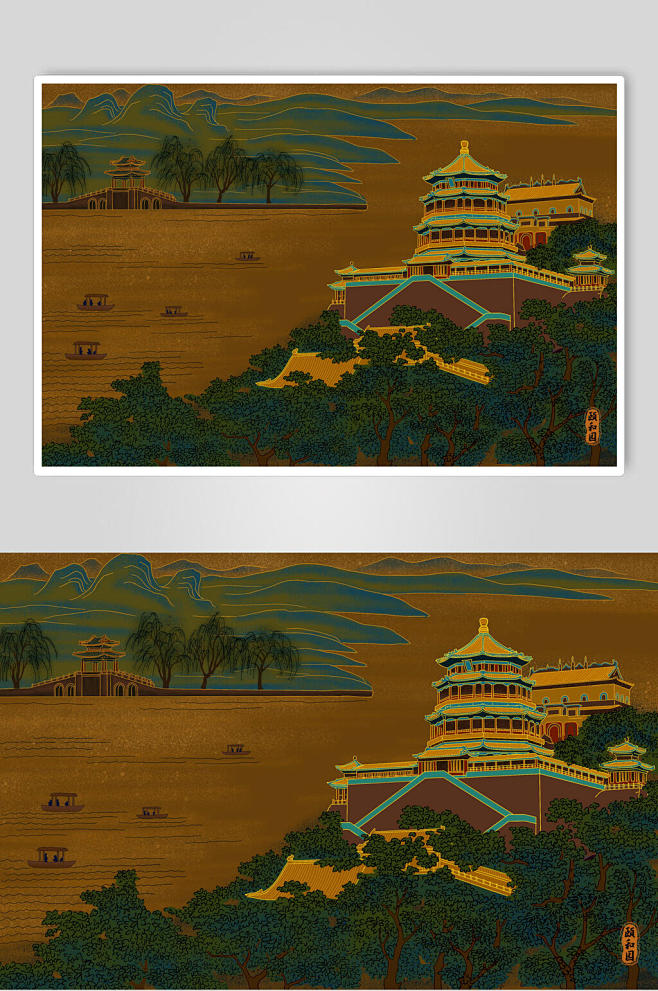 典雅高端中式建筑国潮插画-众图网