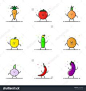 Vector Illustration Of Funny Vegetable Characters Cartoon Set In Line Style. Linear Cute Icons With Face Smile. Flat Design Diet Nutrition For Web And Mobile App Outline Vegan Expression. - 529328545 : Shutterstock