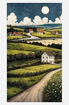 数字艺术风景乡村插画装饰画乡村夜景插画-众图网
