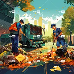 环卫工人穿着粗布衣服正在清扫街道扫帚，垃圾桶，背景是海报
