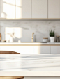 close-up of white table with background of white kitchen