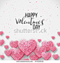 Happy valentine day festive sparkle layout template design. Glitter pink hearts on white background with frame, border. Lettering Valentine's day card vector Illustration. Be my valentine.