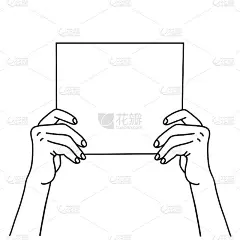 两只手拿着一张白纸。手绘线性矢量插图的手显示空白海报。