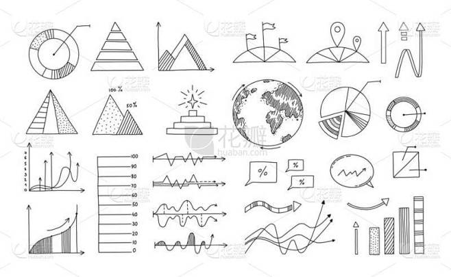 涂鸦图Doodle charts.业务列报和统计手工绘制了信息要素。黑白数据可视化图形模板。确定矢量