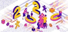 2020年新年等角3d插图，家庭庆祝冬季节日派对，圣诞概念，父母，孩子装饰树，礼物，卡通人一起，紫色