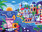 Summer Vibes game coloring book game design flat design travel greece town seaside beach glass summertime vacation sea vibes cocktail summer