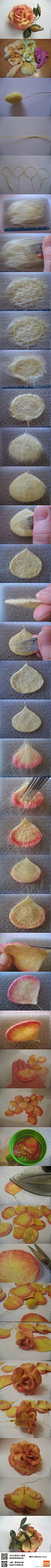 #DIY分享##DIY手工#漂亮的羊毛毡玫瑰教程，十分详细哦~不仅可以做胸针，还可以做成一束玫瑰摆在家里做装饰，很赞吧~#手工教程#（via：Juli-world）
