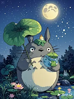 宫崎骏手绘风格，龙猫举着荷叶，月亮，睡莲，高清，杰作