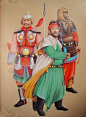 唐代（618-907年）穿明光甲及戎服的武士复原图。唐代的铠甲，据《唐六典》记载，有明光、光要、细鳞、山文、鸟锤、白布、皂娟、布背、步兵、皮甲、木甲、锁子、马甲等十三种