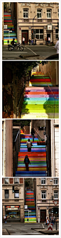 [] 德国艺术家 Horst Glasker 日前在德国的某个城市的街角将112阶台阶披上彩虹的新衣，上面附着人与人之间的关系——激情，爱情，友情，勾引……等等等。走在这样的阶梯上，低头看着那些词语，你心中会不会又有些许涟漪？！