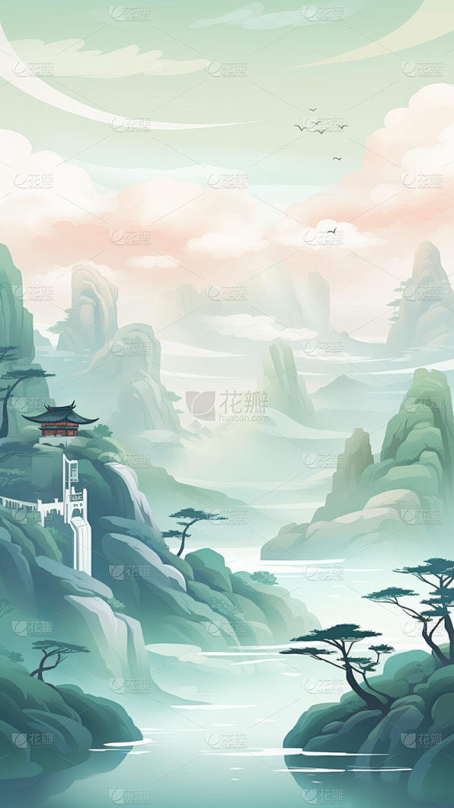 背景通用中国风青绿色山水插画场景背景图片...