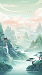 背景通用中国风青绿色山水插画场景背景图片素材