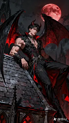 jimeng-2025-09-15-5004-动漫厚涂风，黑暗风插画。靠在哥特式屋顶旁边的恶魔形象成男，肌肉线条，背后有巨大的