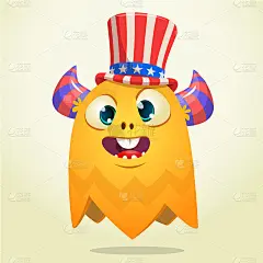 在美国独立日戴着美国山姆大叔帽子的卡通滑稽怪物。矢量插图的外星生物的性格