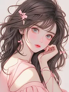 别具一格的数码绘画和线描手法，浪漫粉色调，令人难以置信的美丽，卡通般的场景，微妙的表情，让你心情愉快。女孩蜷缩着身子，展现出平面插画的风格。
