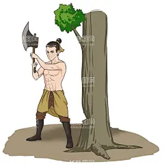 卡通砍树插画  - 源文件下载【酷图网】卡通砍树,伐木插画,吴刚伐木,古典故事,砍树,