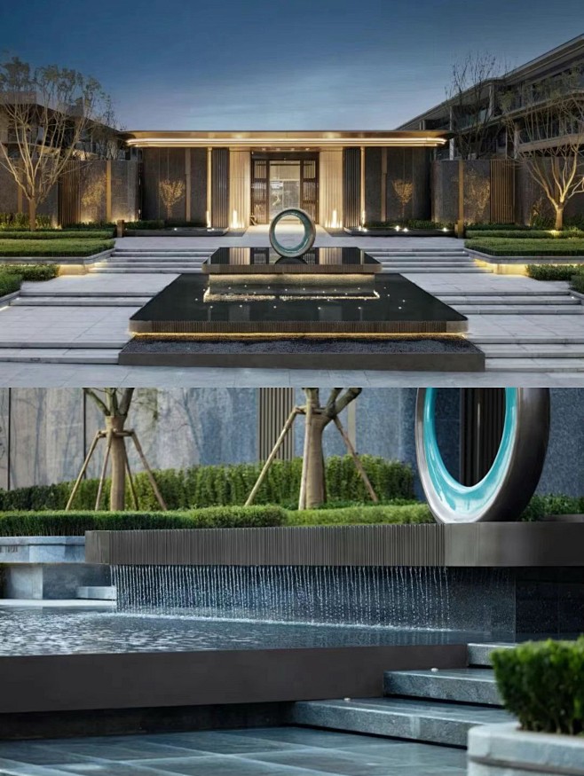 成都玺宸上院 主入口大门利用立体主义手法打造层次丰富的叠水水景，以东方玉石演绎漂浮的翠玲珑主题雕塑，表现精厚简雅的美学气质。入口门廊被前广场 ...