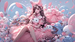 粉红芭比裙 女孩 可爱兔子 动漫壁纸