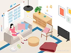 智能家居客厅立体图UI设计作品扁平化插画首页素材资源模板下载