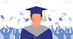 男毕业生在斗篷和学术方帽的背景下，欢乐的毕业生扔他们的学术方帽。毕业典礼。矢量图