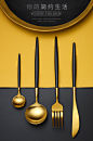 葡萄牙黑金304不锈钢牛排刀叉勺咖啡勺家用欧式西餐餐具套装-tmall.com天猫