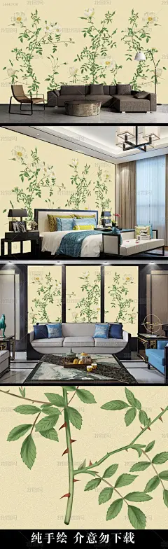 白色山茶花背景墙手绘茶花新中式工笔画素雅