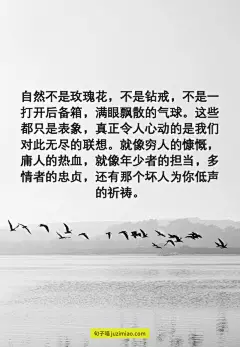 自然不是玫瑰花，不是钻戒，不是一打开后备箱，满眼飘散的气球。这些都只是表象，真正令人心动的是我们对此无尽的联想。就像穷人的慷慨，庸人的热血，就像年少者的担当，多情者的忠贞，还有那个坏人为你低声的祈祷。 | 句子喵，分享触动人心的美妙句子，带有句子的图片壁纸，带有句子的桌面壁纸，带有句子的手机壁纸。 : 自然不是玫瑰花，不是钻戒，不是一打开后备箱，满眼飘散的气球。这些都只是表象，真正令人心动的是我们对此无尽的联想。就像穷人的慷慨，庸人的热血，就像年少者的担当，多情者的忠贞，还有那个坏人为你低声的祈祷。