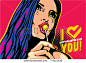 beautiful woman licking lollipop candy, crying woman, i love you, valentines day pop art style banner