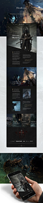 Bloodborne - Hub Design on Behance: "I aim was to create an effective user experience through a clean and modern site that paid tribute to a fantastic game whilst capturing the atmosphere and lovecraftian horror" #web #mobile #design